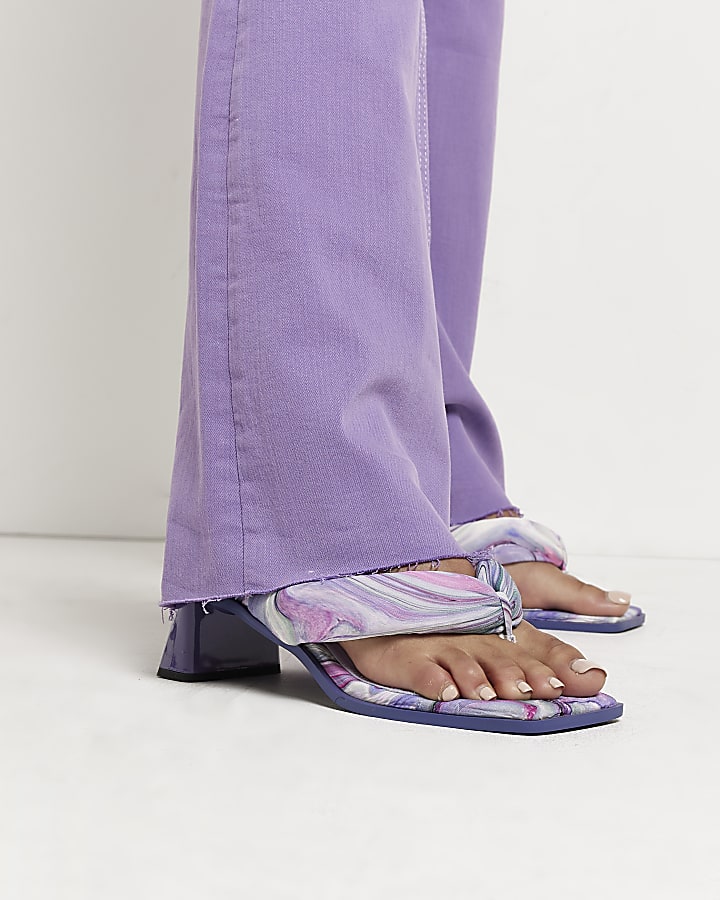 Purple printed padded heeled mules