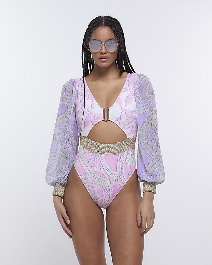 Purple printed plunge cut out swimsuit