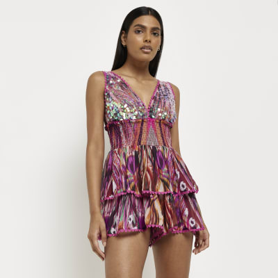 Purple printed sequin playsuit | River Island