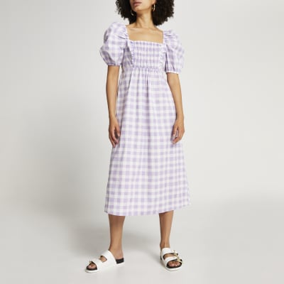 Purple puff sleeve check print midi dress River Island