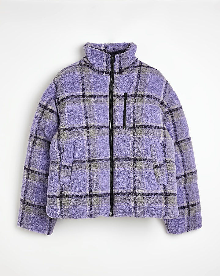 Purple regular fit fleece check puffer jacket