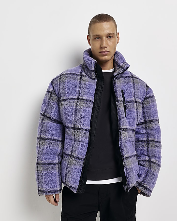 Purple regular fit fleece check puffer jacket