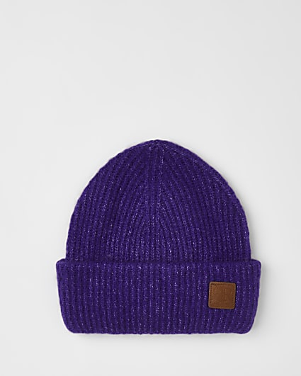 Purple ribbed beanie hat