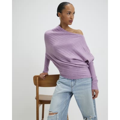 Purple Ribbed Off The Shoulder Jumper