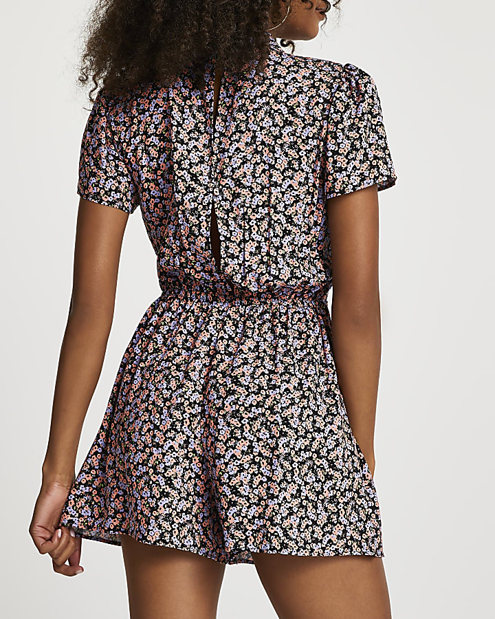Purple ruched front floral playsuit