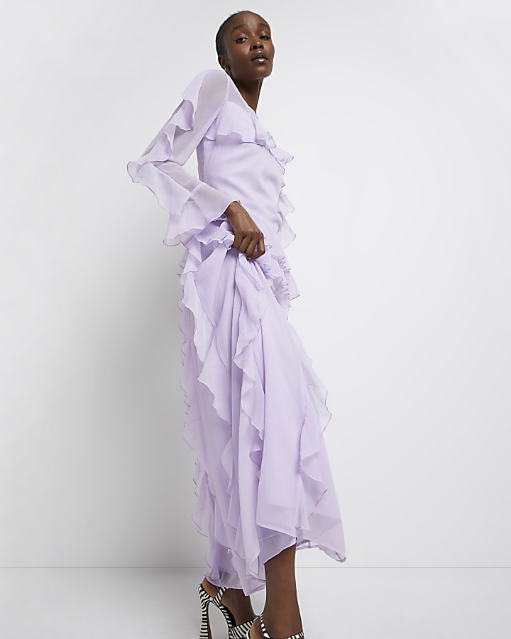 Purple ruffled shift maxi dress