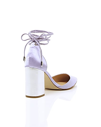 360 degree animation of product Purple satin ankle tie block heel sandals frame-13