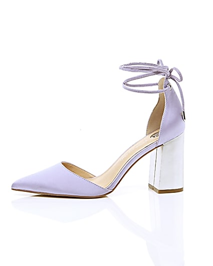 360 degree animation of product Purple satin ankle tie block heel sandals frame-22