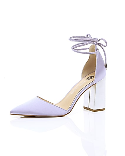 360 degree animation of product Purple satin ankle tie block heel sandals frame-23