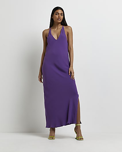Purple satin backless slip maxi dress