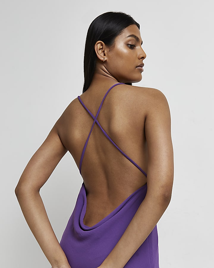 Purple satin backless slip maxi dress