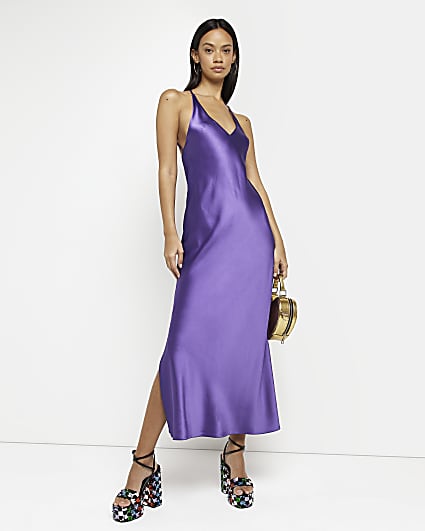 Purple satin backless slip midi dress