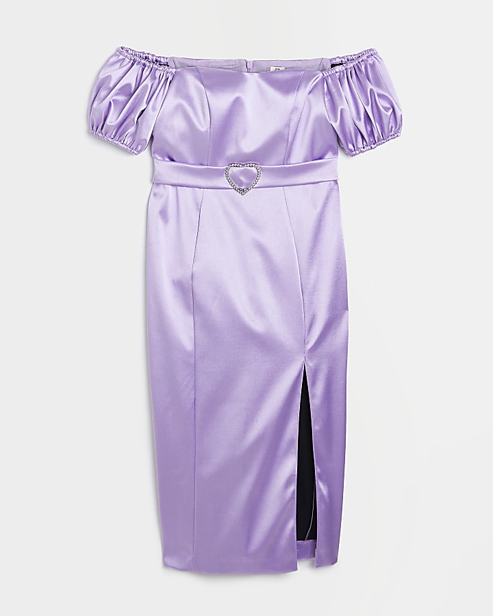 Purple satin bardot midi dress