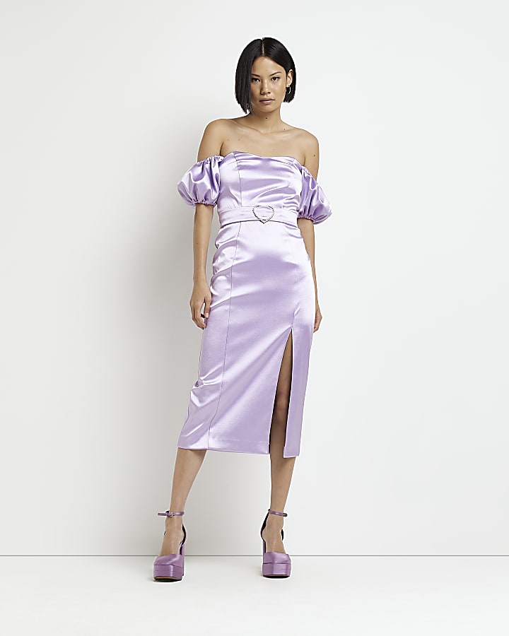 Purple satin bardot midi dress