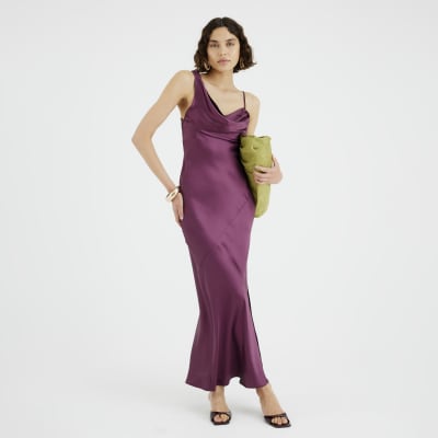 Purple Satin Cowl Neck Maxi Slip Dress