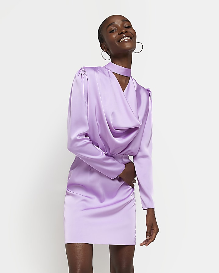 Purple satin cowl neck mini dress