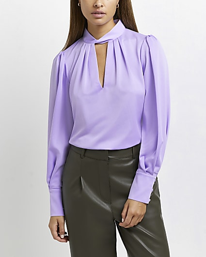 Purple satin cut out blouse