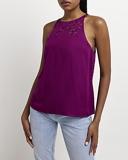 Purple satin embroidered top