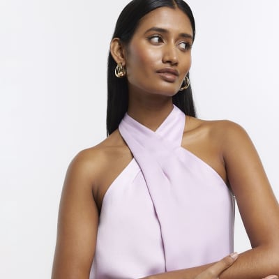 Purple satin halter neck dress River Island