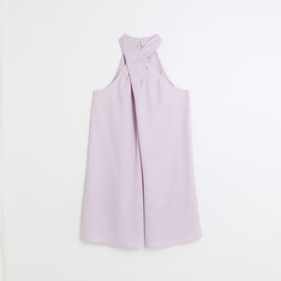 Purple satin halter neck mini dress