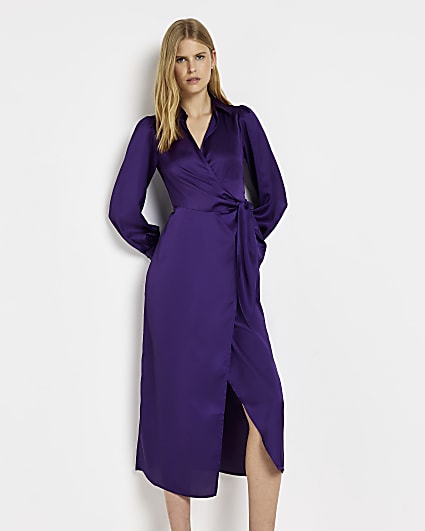 Purple satin long sleeve maxi wrap dress