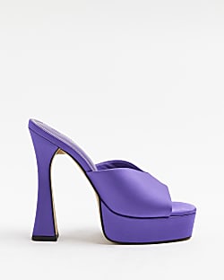 Purple satin platform heeled mules
