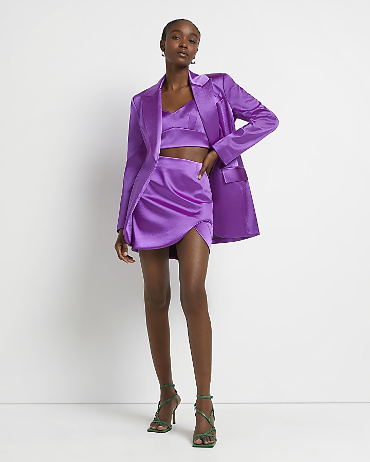 Purple satin wrap over tailored blazer