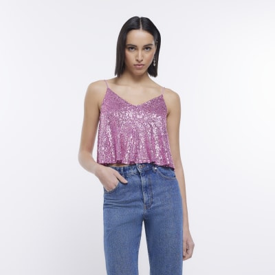 8 By YOOX SEQUIN CROP TOP, | Lilac Women‘s Crop Top | YOOX