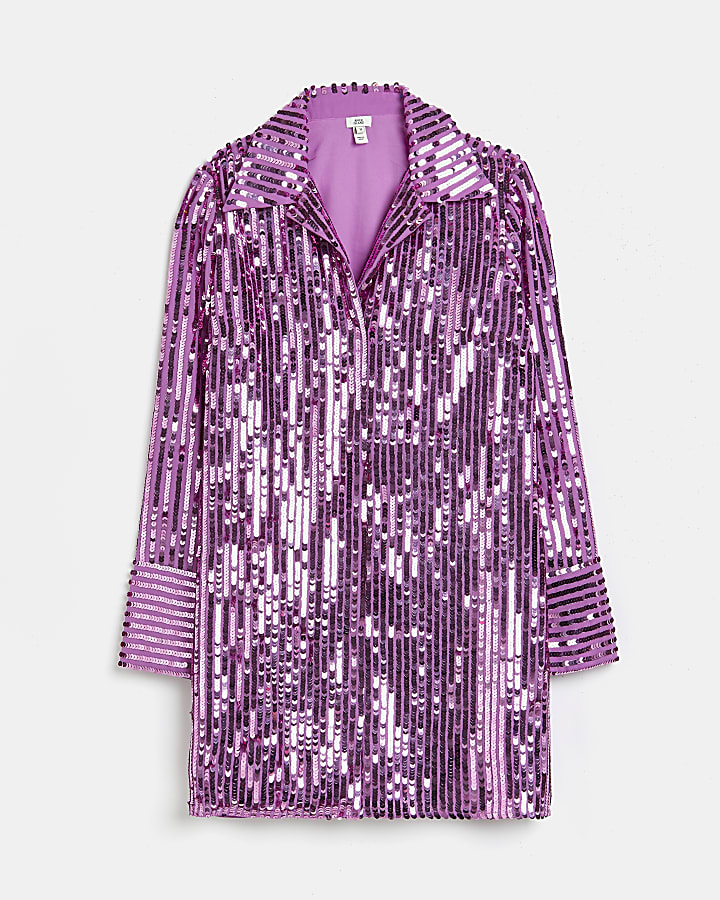 Purple sequin mini shirt dress