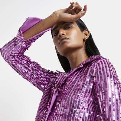 Purple sequin mini shirt dress
