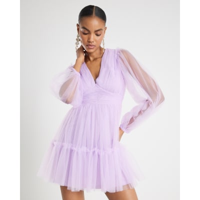 Purple Sheer Long Sleeve Tulle Mini Dress