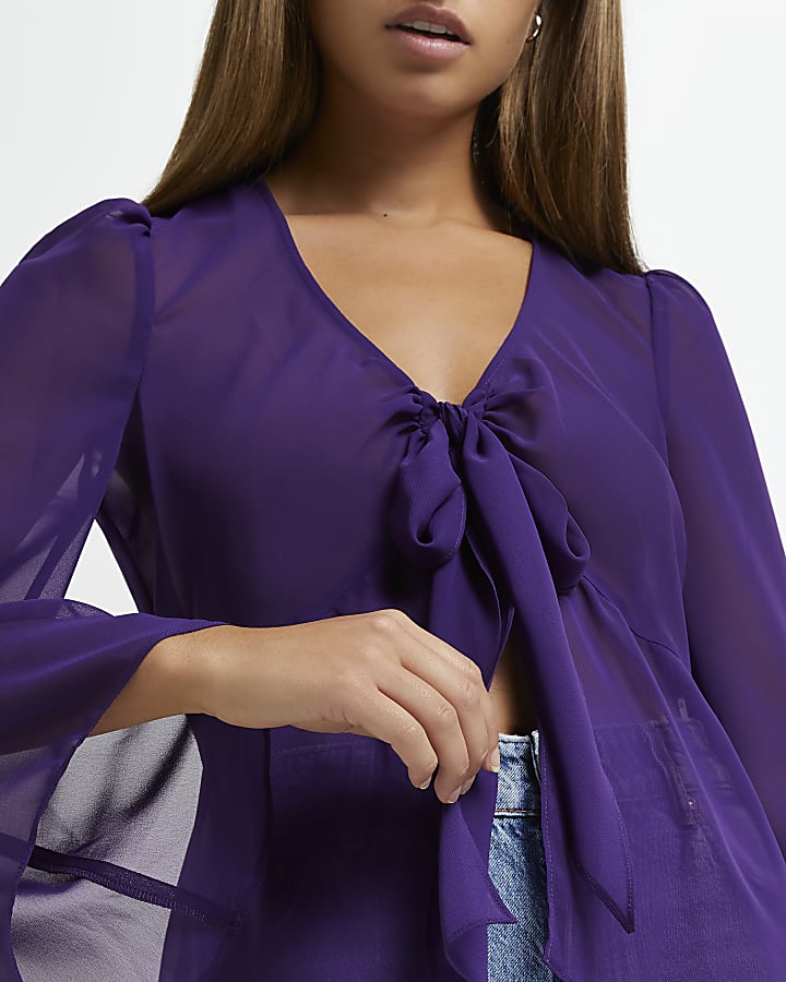 Purple sheer tie front blouse
