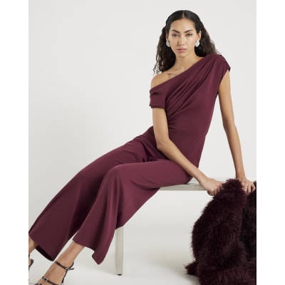 Purple Short Sleeve Asymmetric Drape Jumpsuit