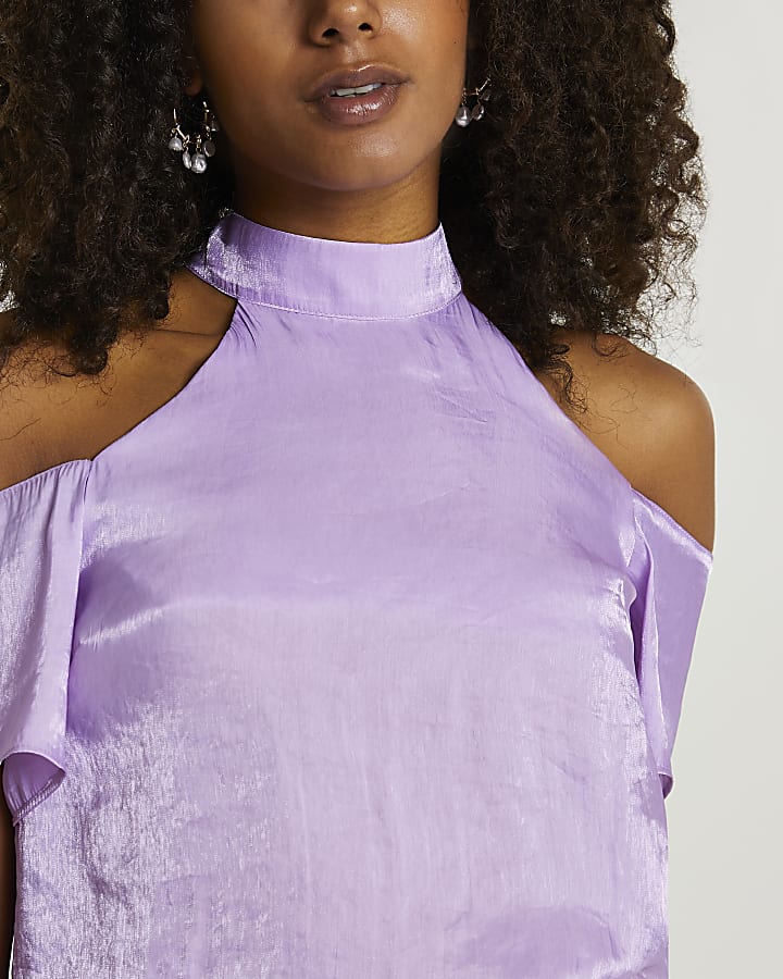 Purple short sleeve cold shoulder halter top