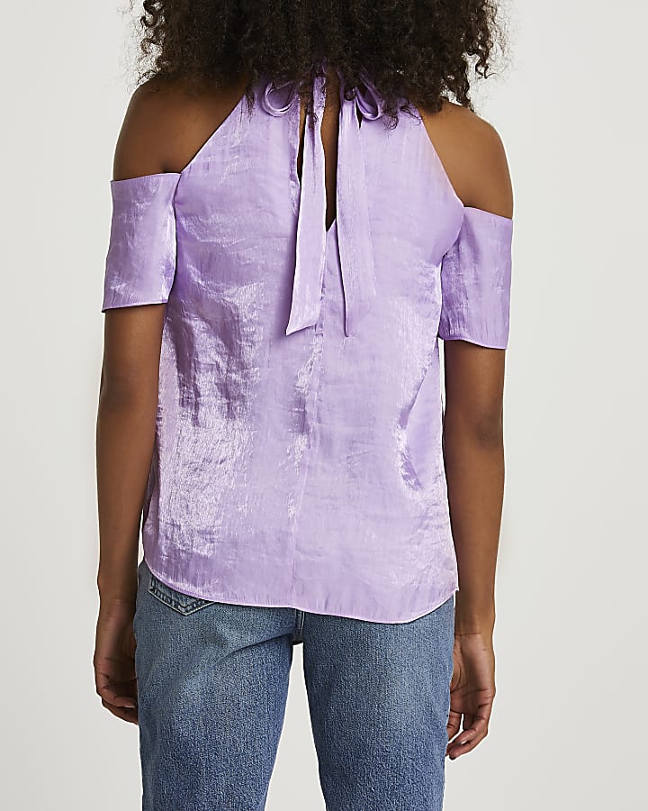 Purple short sleeve cold shoulder halter top