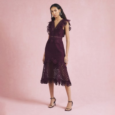 Purple Sleeveless Broderie Midi Dress