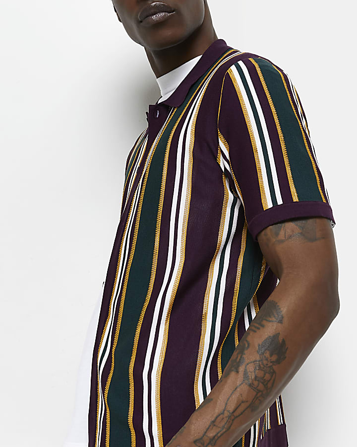 Purple slim fit stripe polo shirt