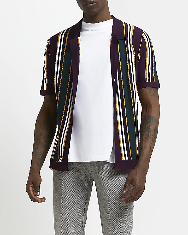 Purple slim fit stripe polo shirt