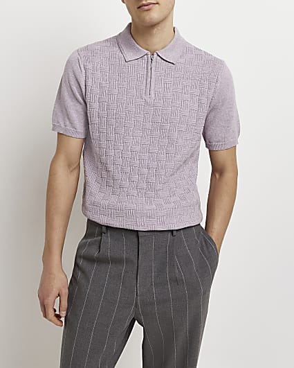 Purple slim fit textured knit polo shirt