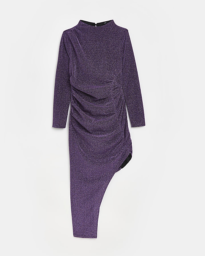 Purple sparkly ruched bodycon midi dress