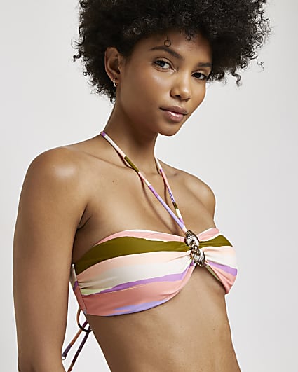 Purple striped bandeau bikini top