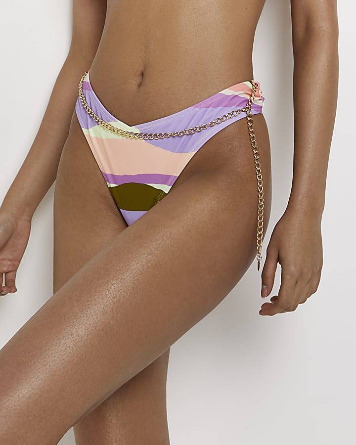 Purple striped chain detail bikini bottoms