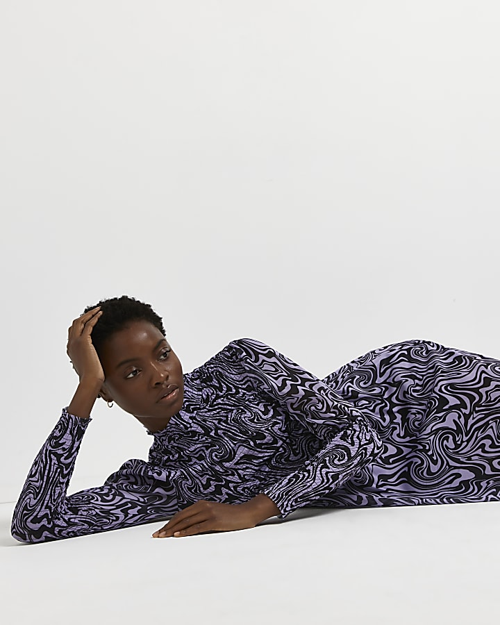 Purple swirl print mesh midi dress