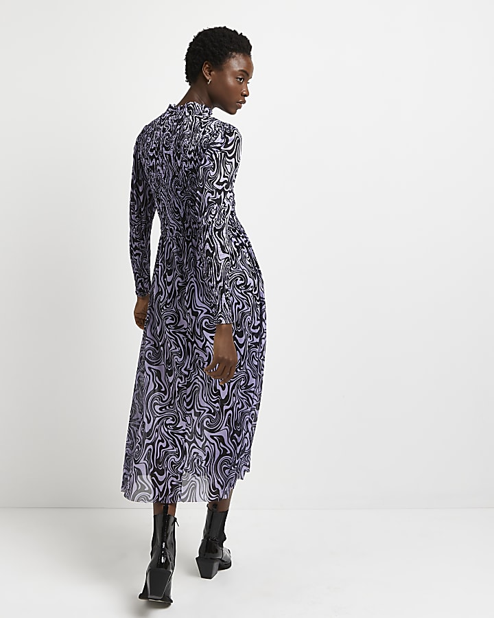 Purple swirl print mesh midi dress