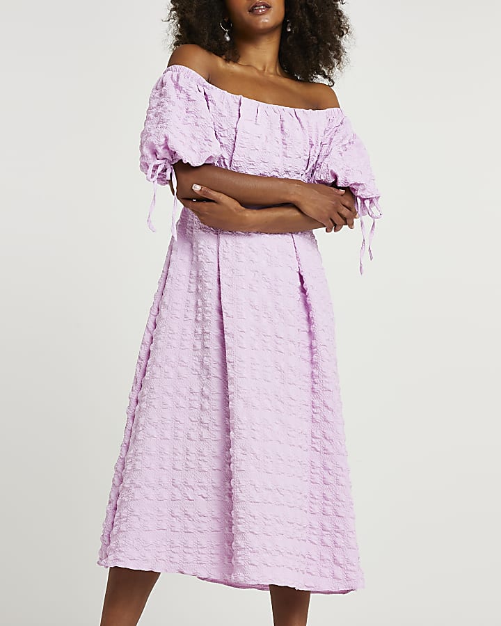 Purple textured bardot midi dress