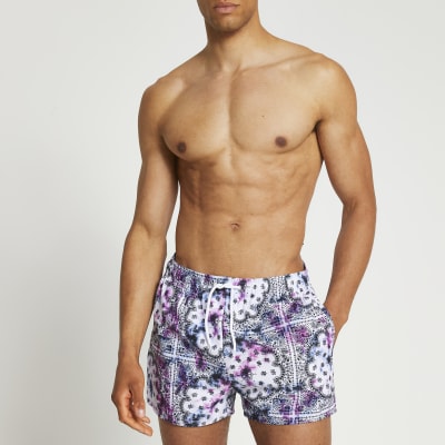 Purple tie dye bandana print swim short | River Island