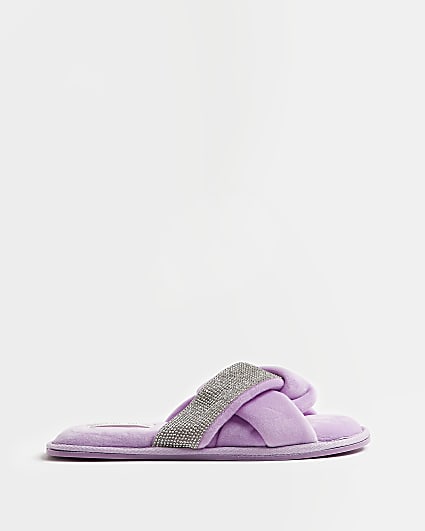 Purple towelling embellished slippers