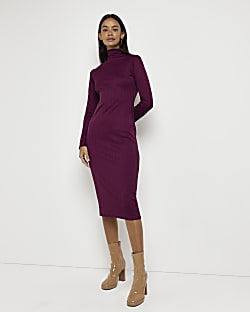 Purple turtleneck bodycon midi dress