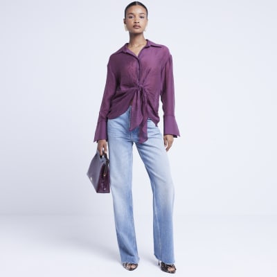 Purple twist front button up shirt