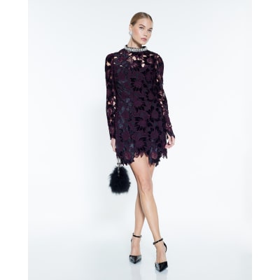 Purple Velvet Lace Trim Mini Dress